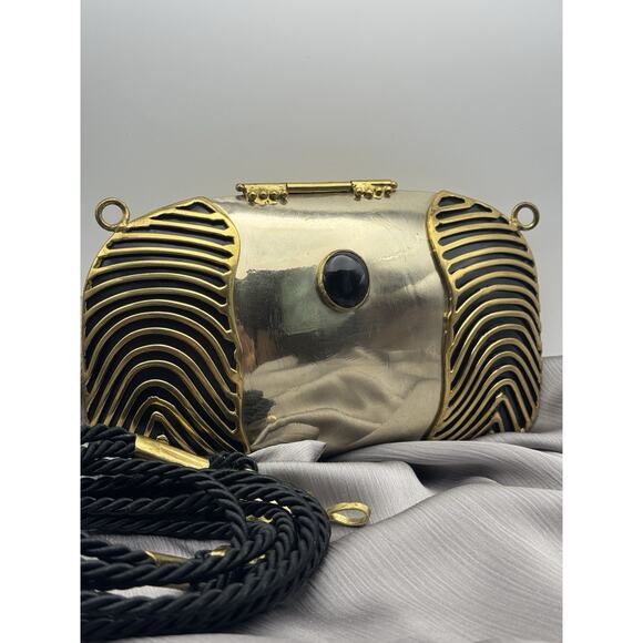 Vintage Oval Bag Golden Black Brass Onyx Stone Small Strap Black Nylon